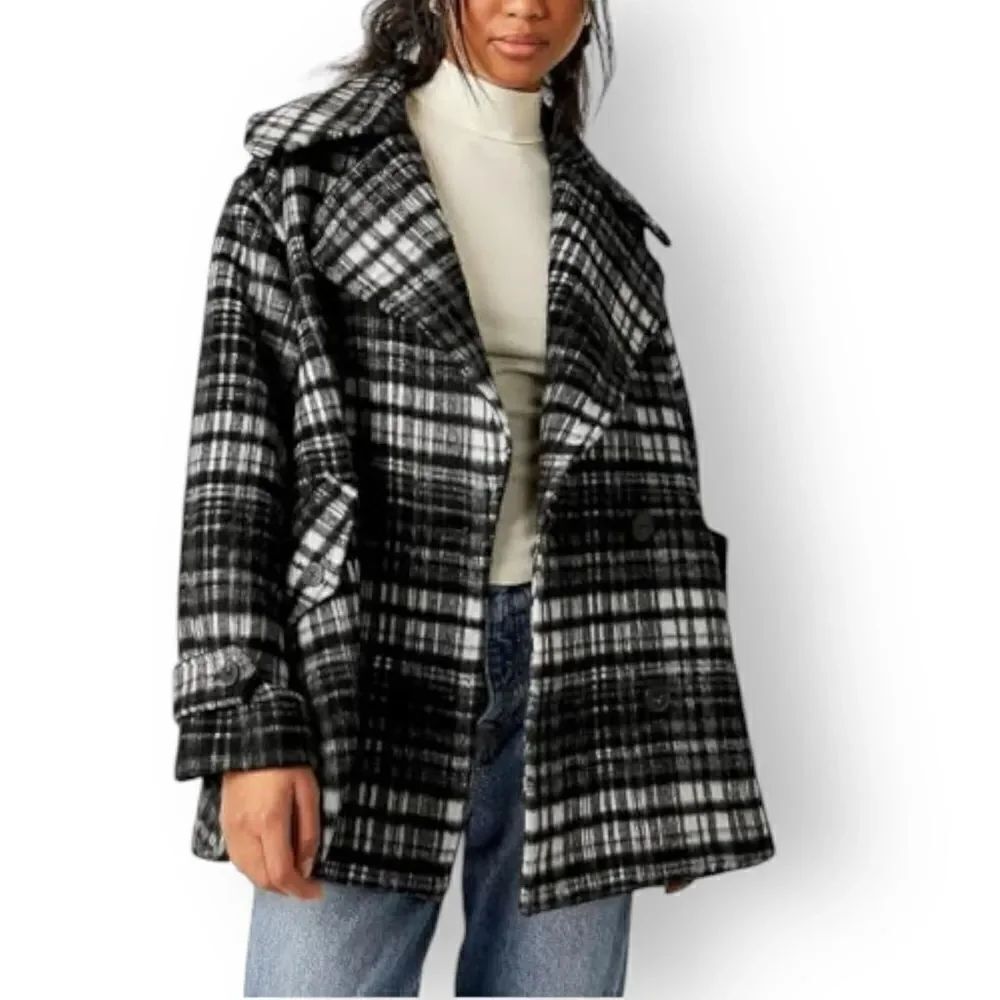 Free People Jacket Highlands Wool Pea Coat Plaid Black Size Large NWT